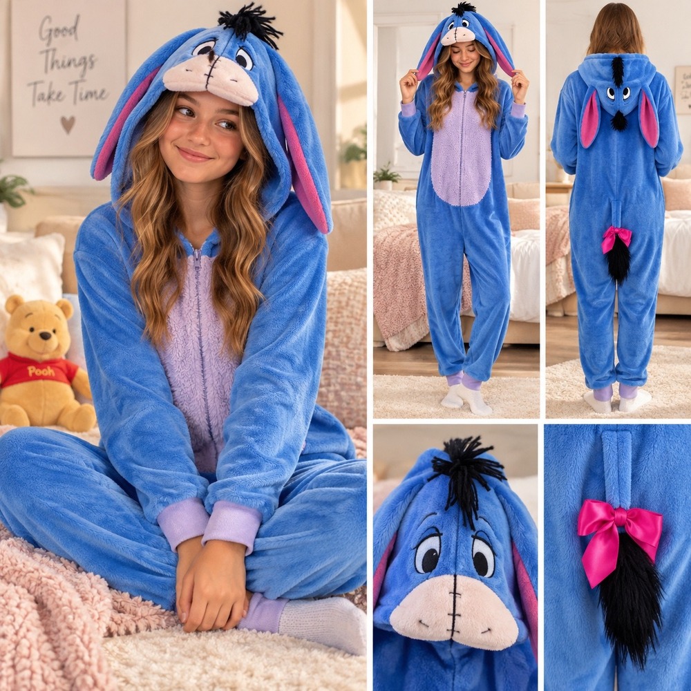 Disney Eeyore Youth L 12-14 Onesie Pajamas Plush Hooded Winnie Pooh Costume